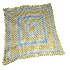Hand Made Blue Yellow Square Afghan Baby Blanket Crochet Throw Home Decor 33x33”